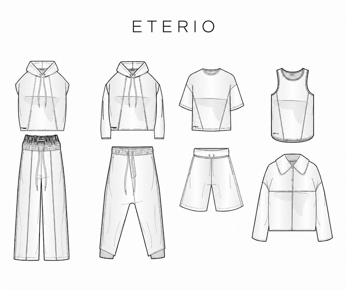 Line drawings of various clothing items including hoodies, shorts, pants, and a jacket, arranged in two rows.