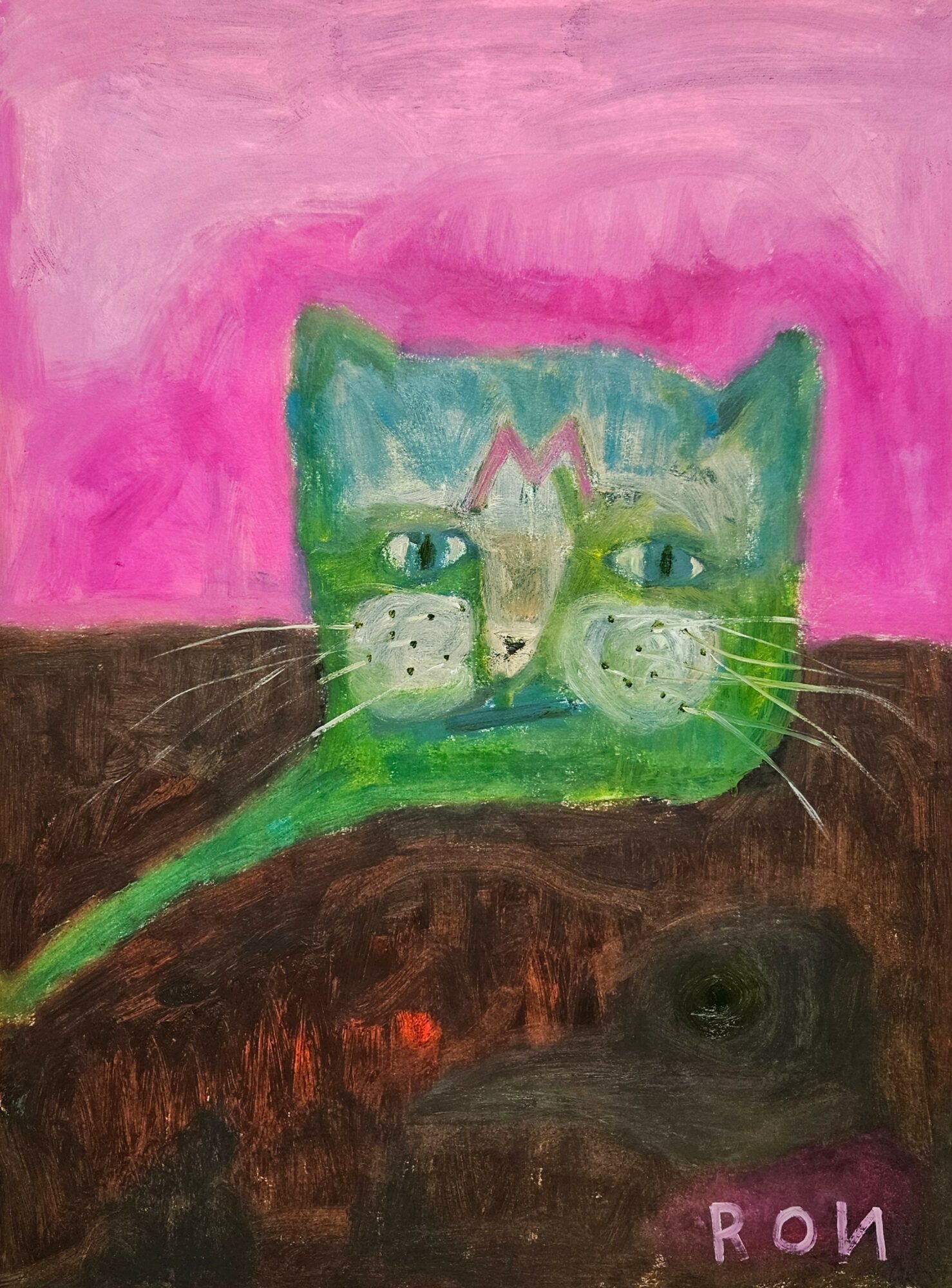 A colorful painting of a cat's face with green, pink, and brown background, and the name 'RON' written in pink.