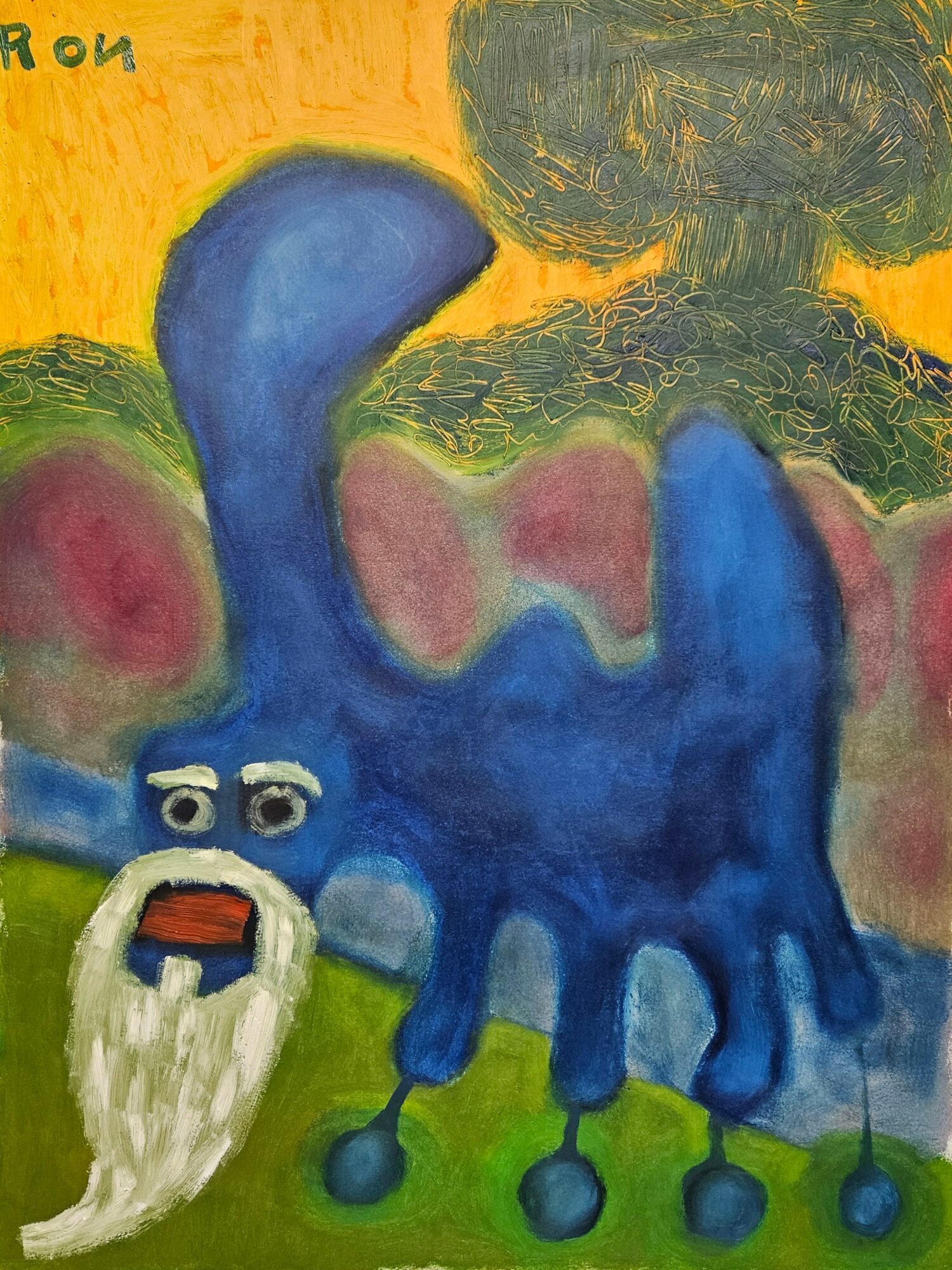 Colorful abstract painting with a blue creature, a face with a beard, and a tree in the background.