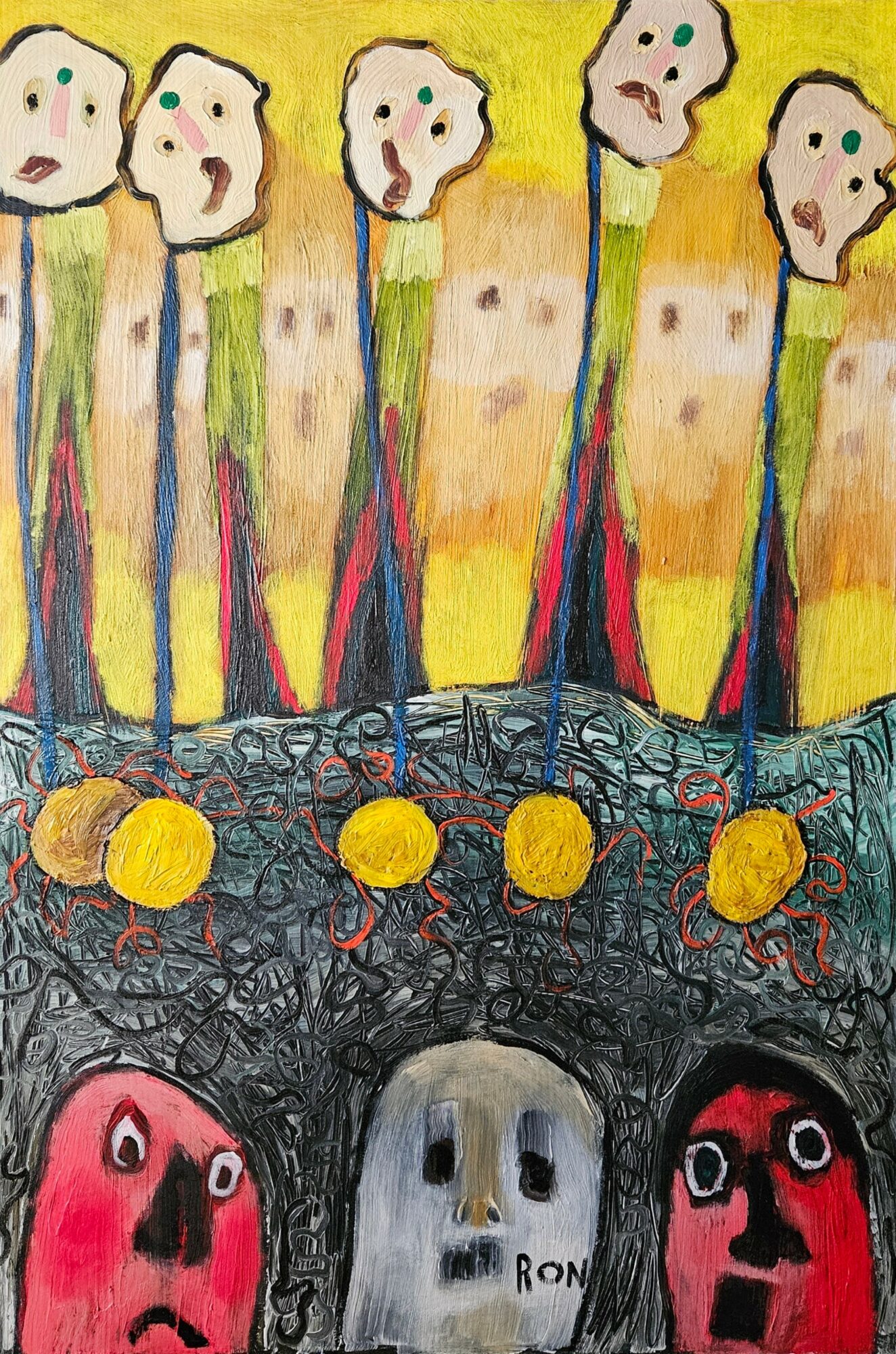 Six abstract figures with elongated necks and faces, yellow background, and four colorful balls at the bottom, with a gray skull-like object.