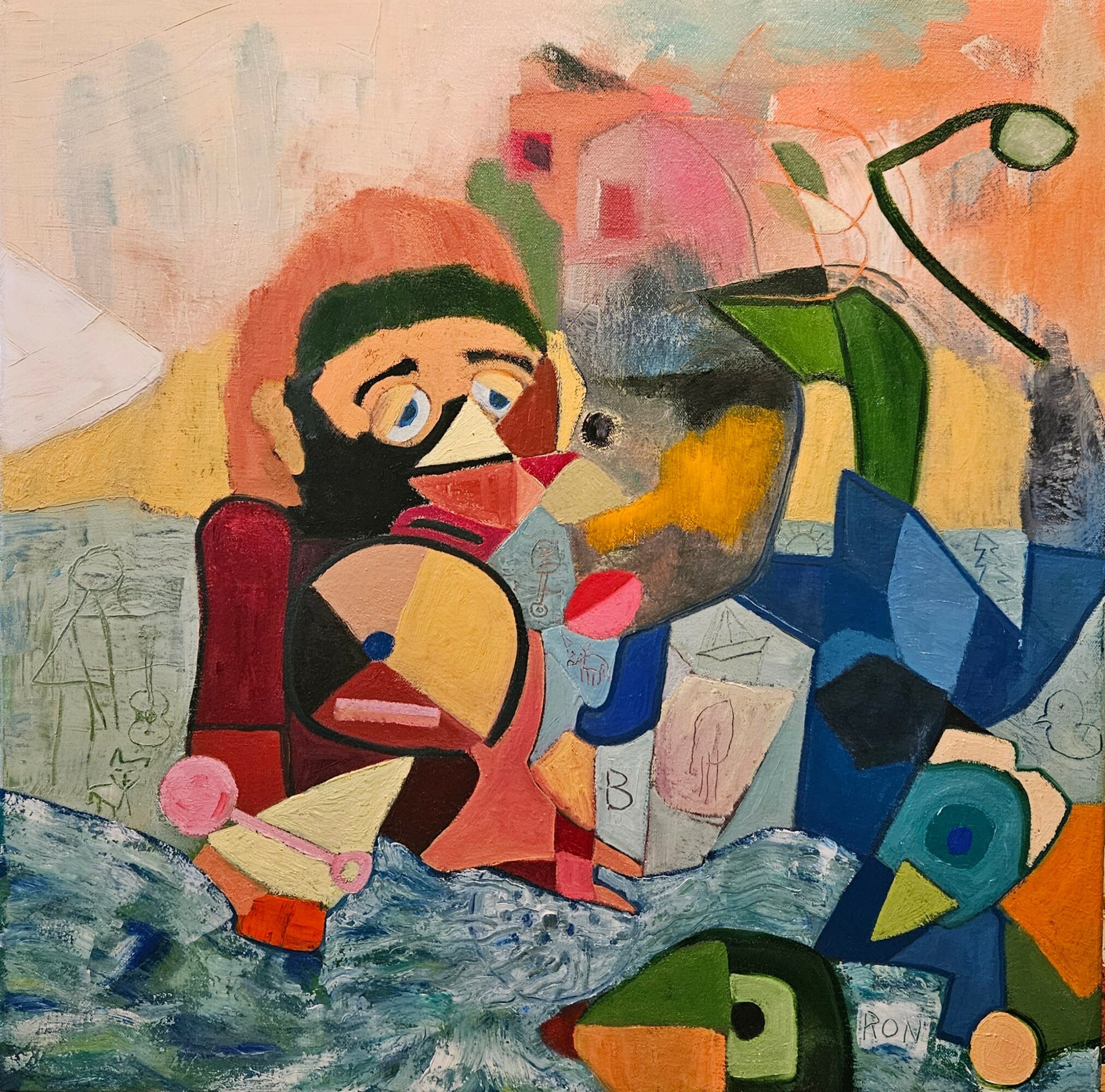 Abstract painting of a person with glasses, surrounded by colorful shapes and a streetlamp, with a water scene at the bottom.