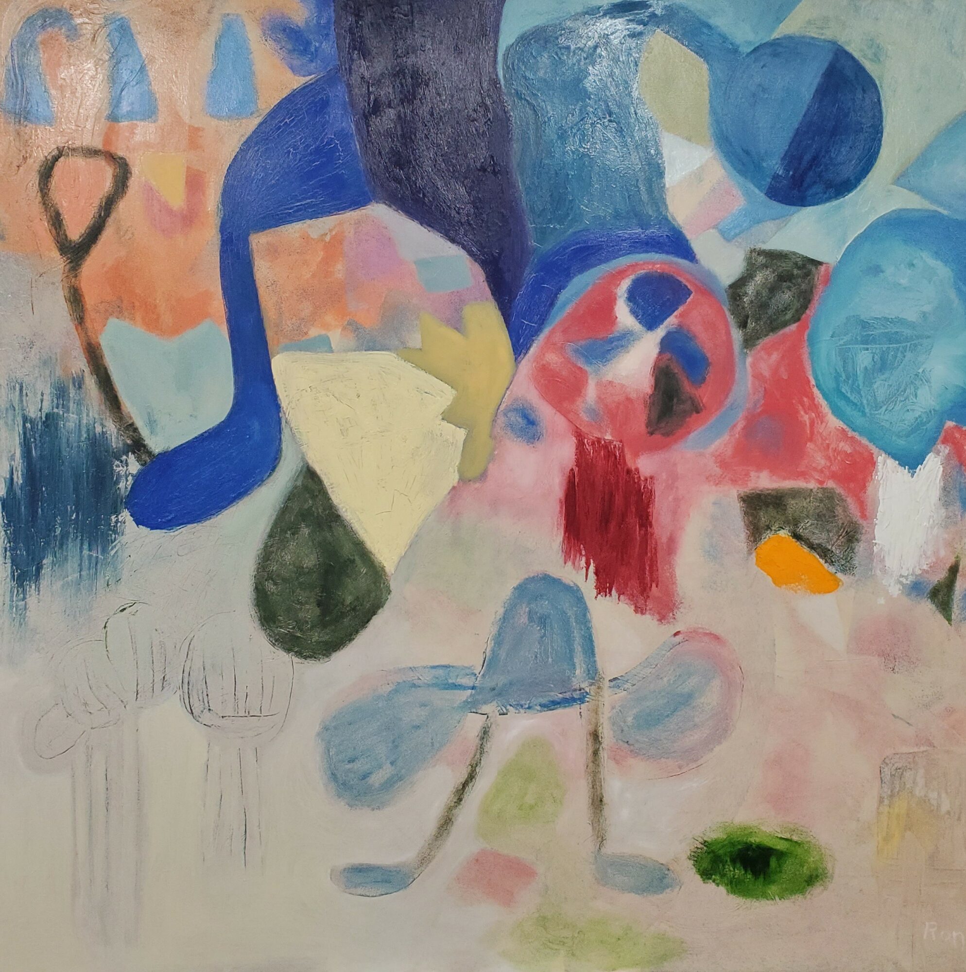 Abstract painting with colorful shapes and brushstrokes, including blue, pink, yellow, and green, with some recognizable forms.