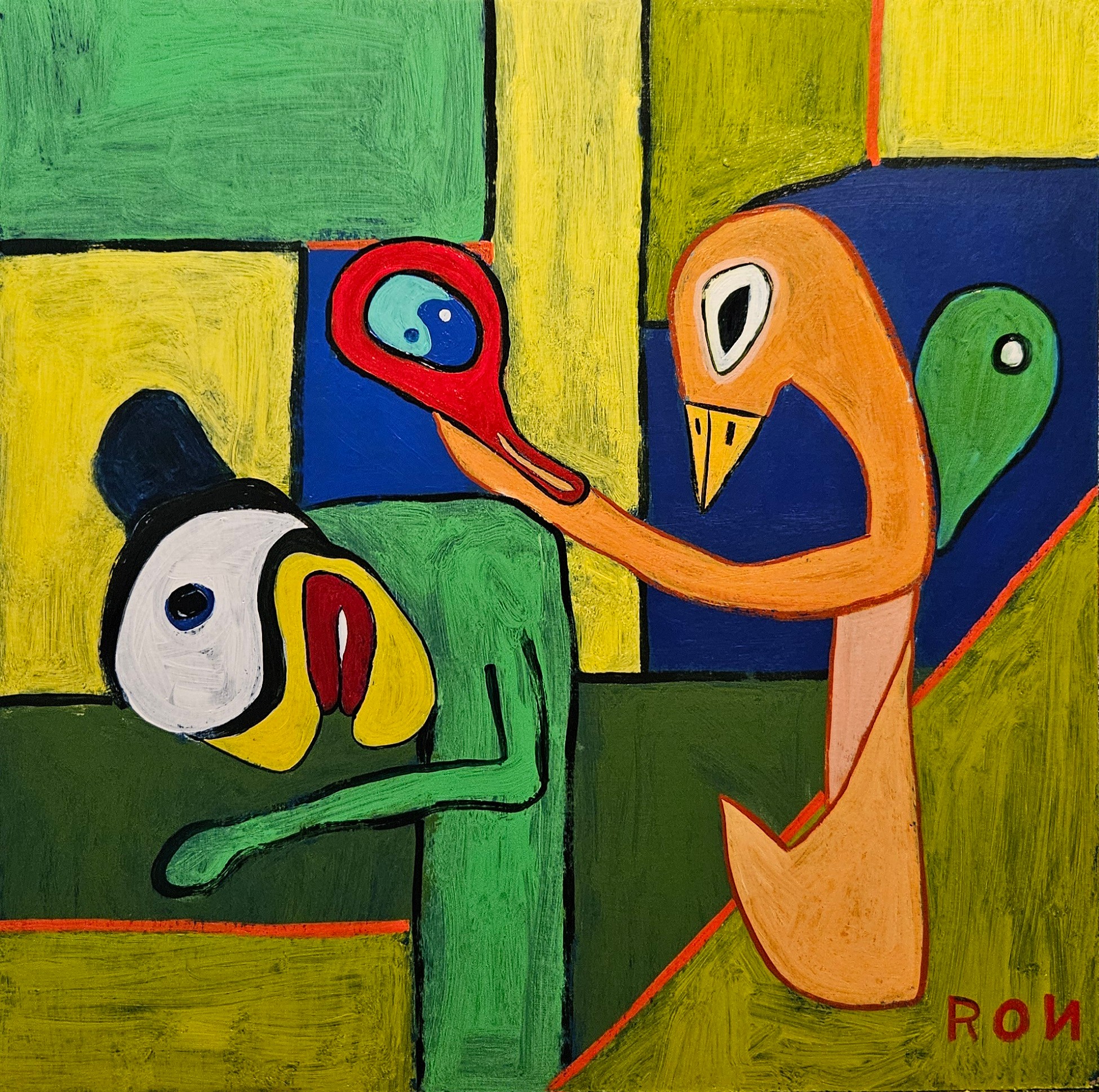 Colorful abstract painting with animal-like figures and geometric shapes, featuring a bird and a dog-like figure, signed 'ROU'.