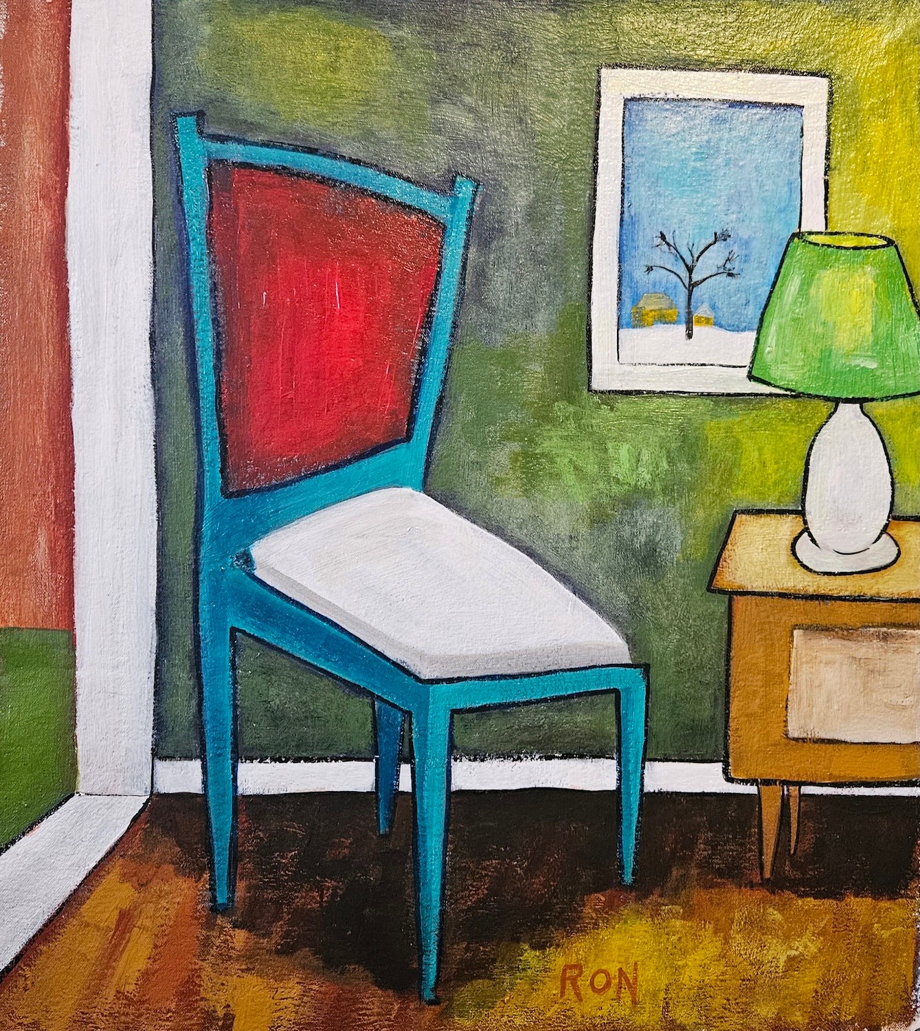 Painting of a blue chair with a white seat, a green lamp on a wooden table, and a window showing a tree outside.