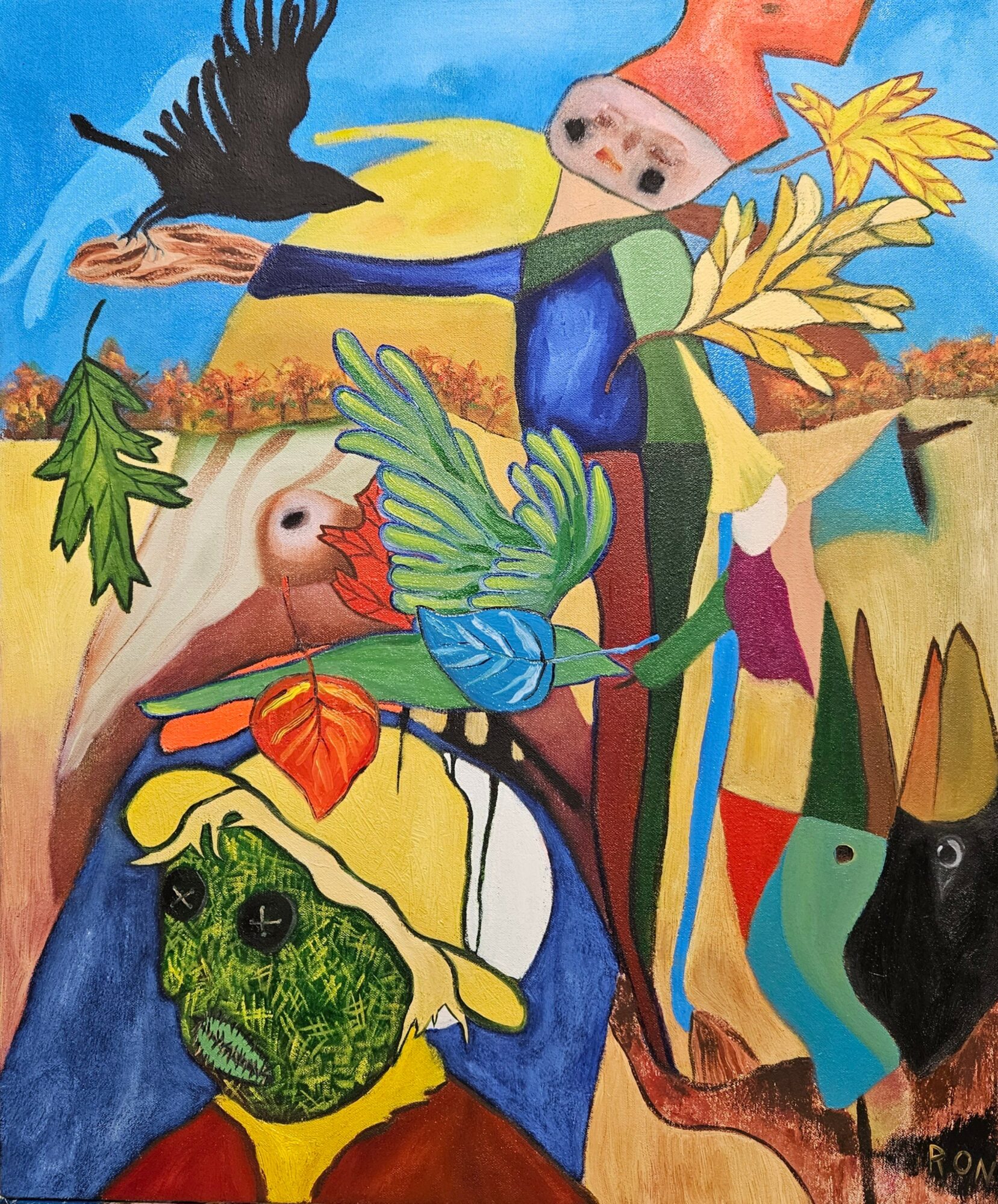 Abstract colorful painting with a bird, a frog, a person, and various plants and animals in a landscape.