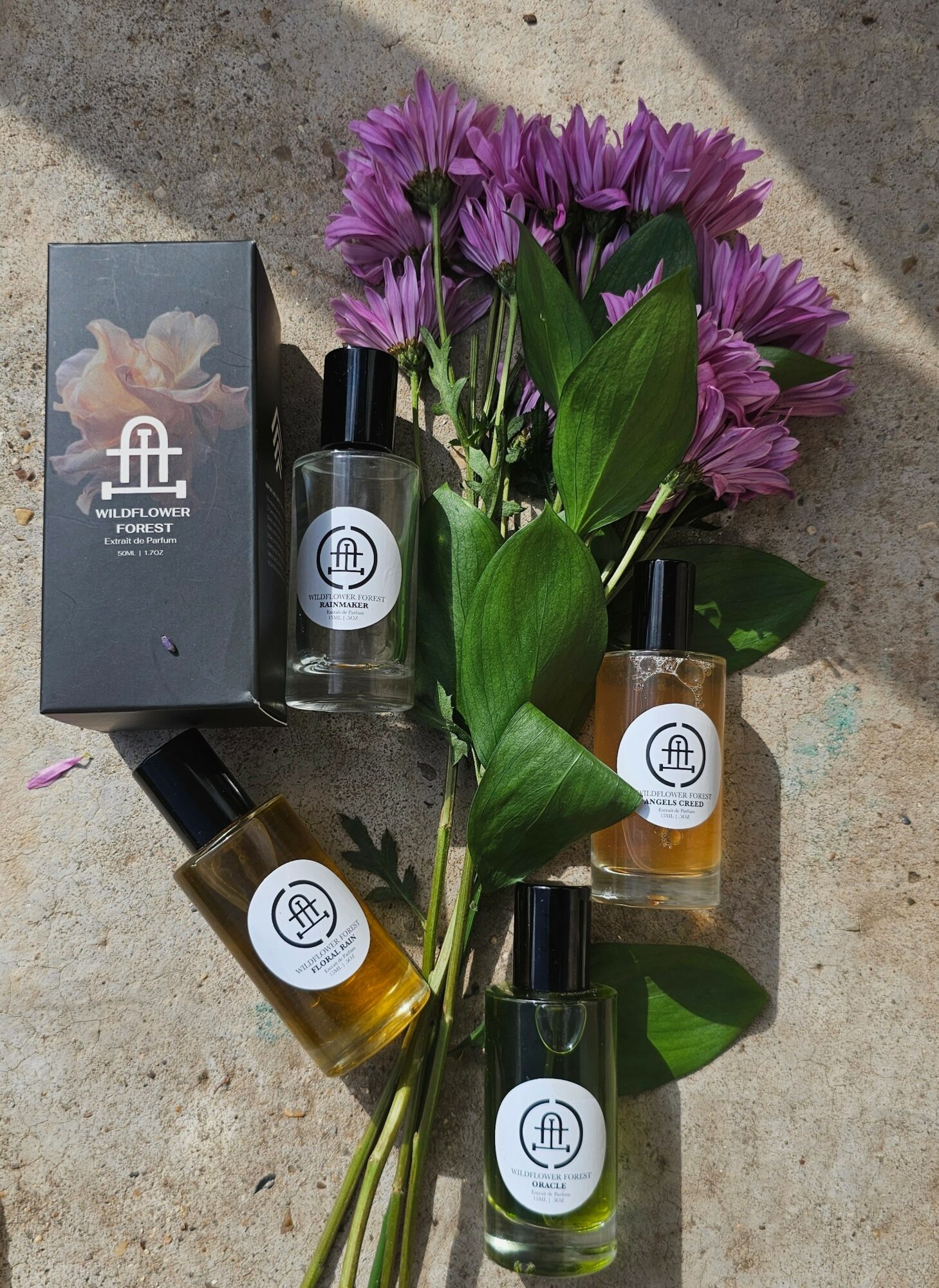 Purple flowers with green leaves, a small spray bottle, and two small bottles on a concrete surface.