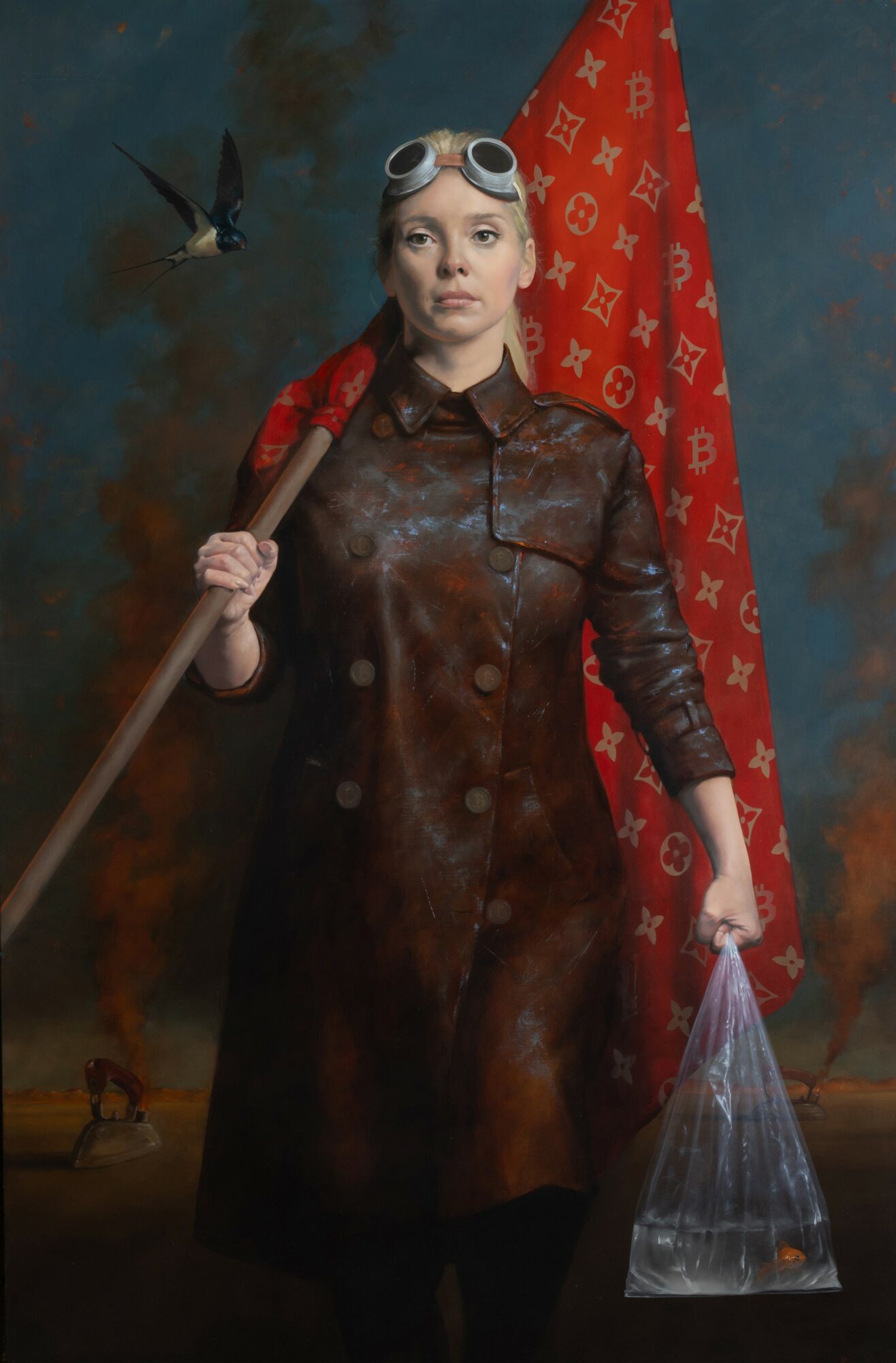 Woman in a brown leather coat holding a flag with a red background and yellow symbols, carrying a plastic bag, with a bird flying nearby.