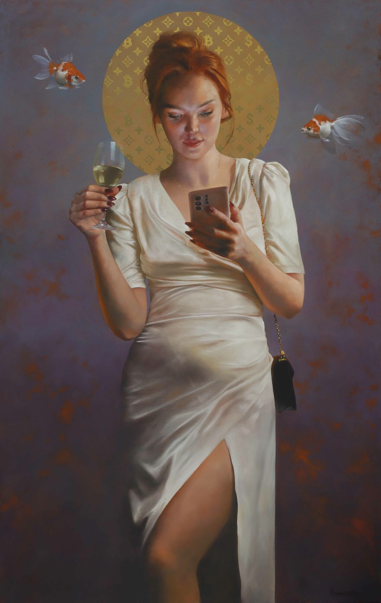 Woman in white dress holding a glass and phone, with a gold halo and two fish floating nearby.