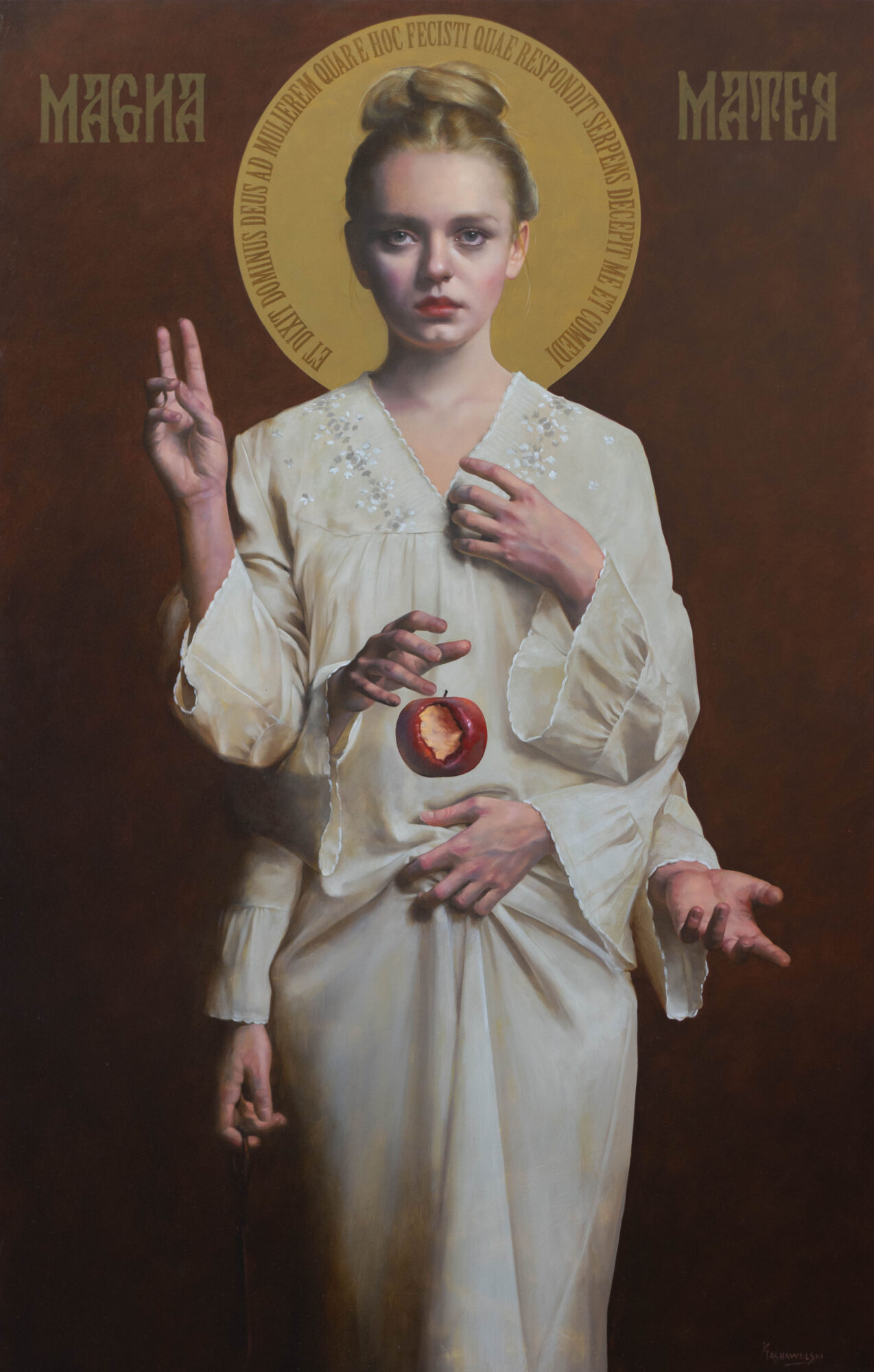 Young woman with a halo, wearing a white robe, making a peace sign with her right hand, holding a heart-shaped object.