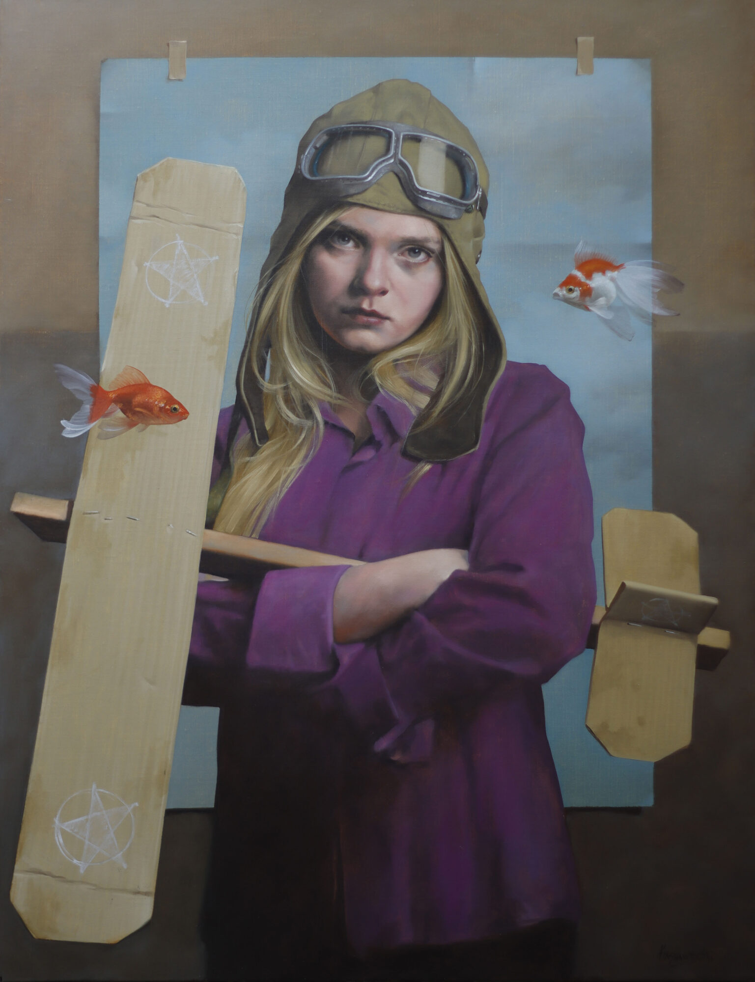 A girl with long blonde hair wearing goggles and a purple jacket, holding a skateboard, with two goldfish swimming nearby.