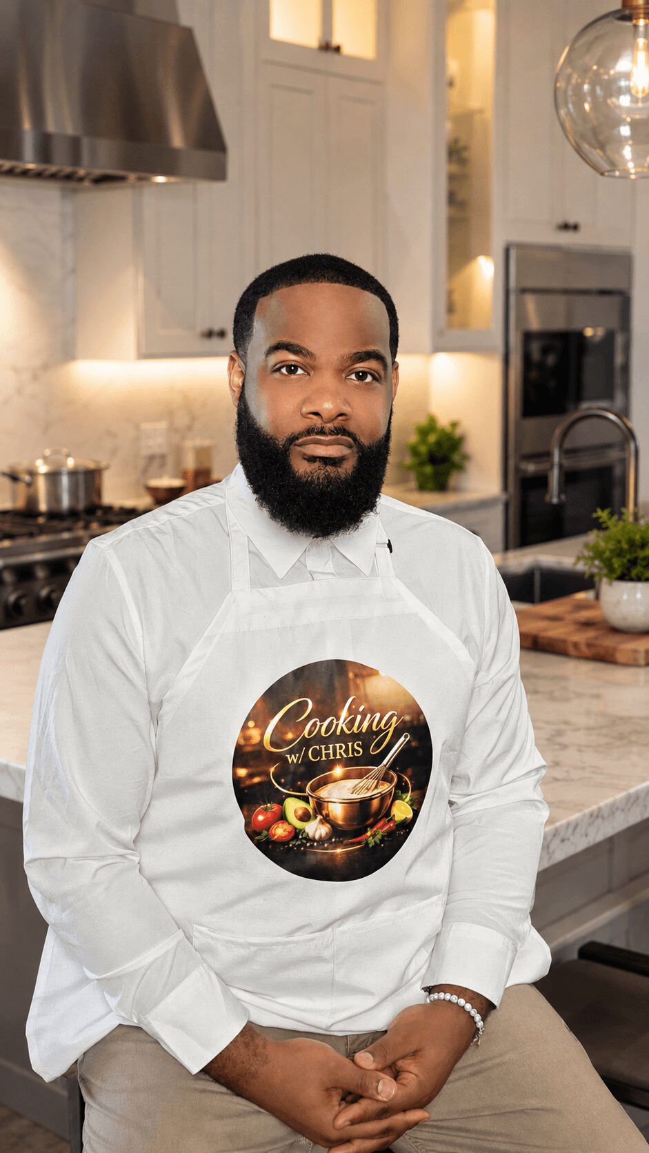 Man with a beard wearing a white apron in a modern kitchen, looking at the camera.