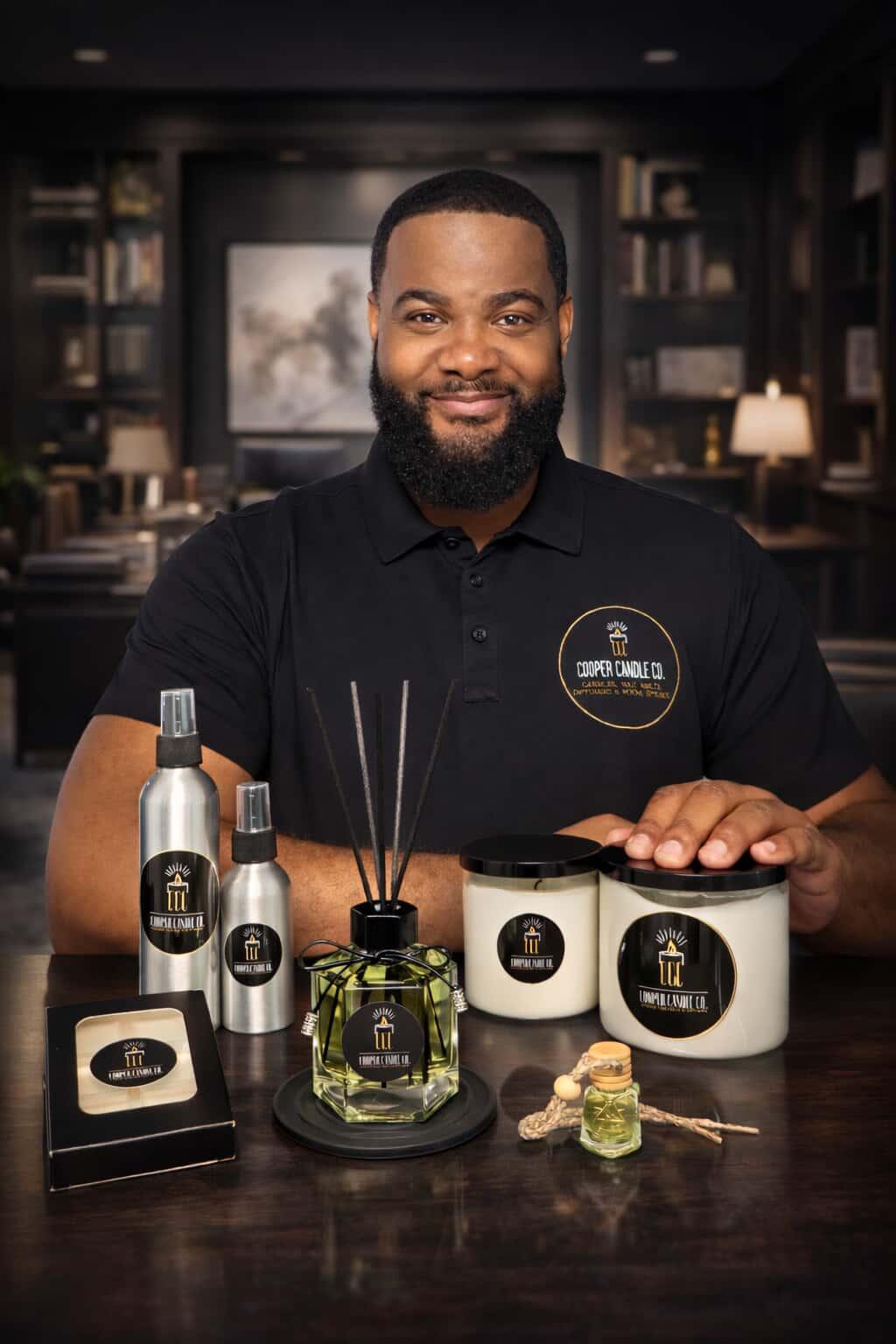 Man with beard smiling at a table with aromatherapy products in a dimly lit room.