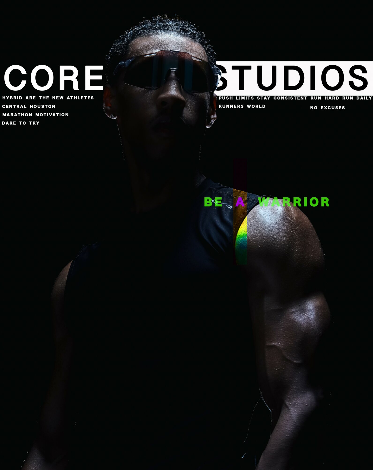 Person wearing sunglasses with text overlay, dark background, muscular arm visible, colorful text on shoulder, fitness theme.