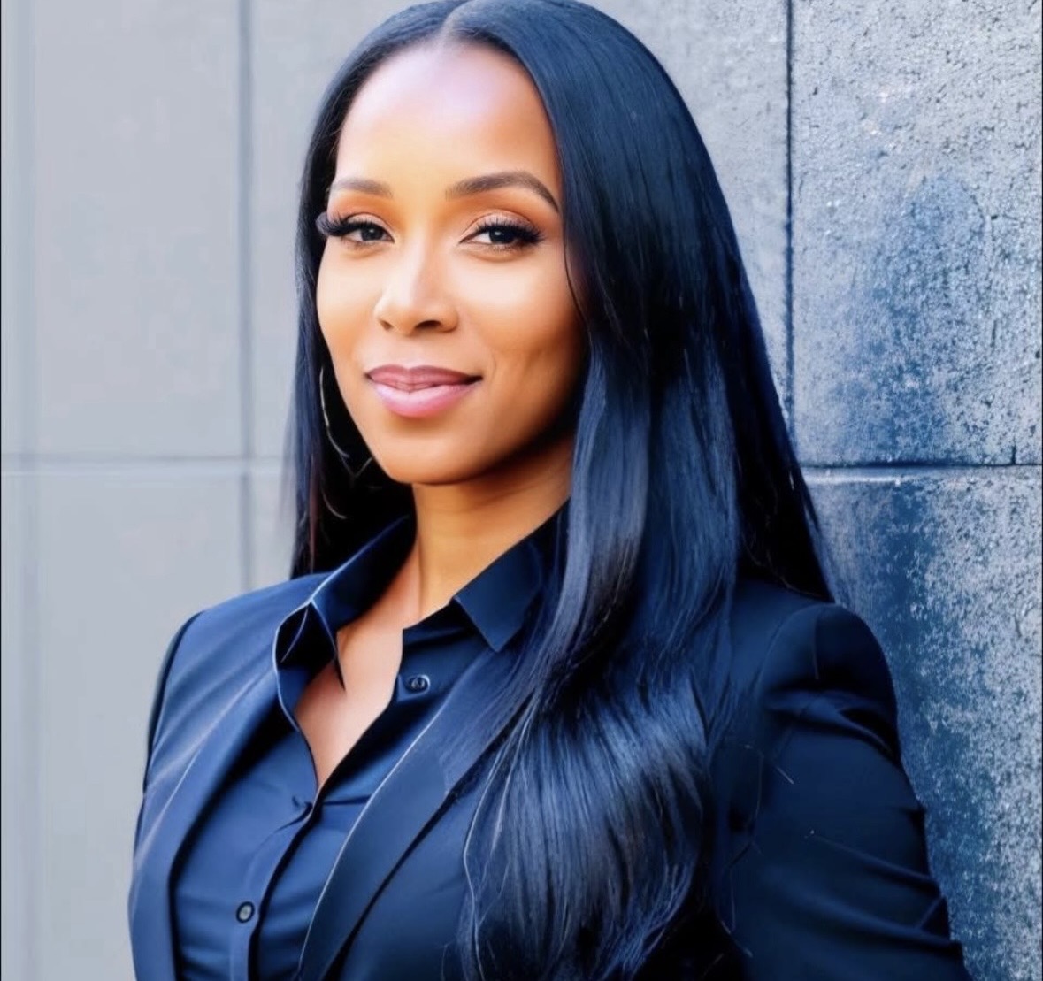 Woman with long black hair wearing a dark blue shirt, standing against a gray wall.