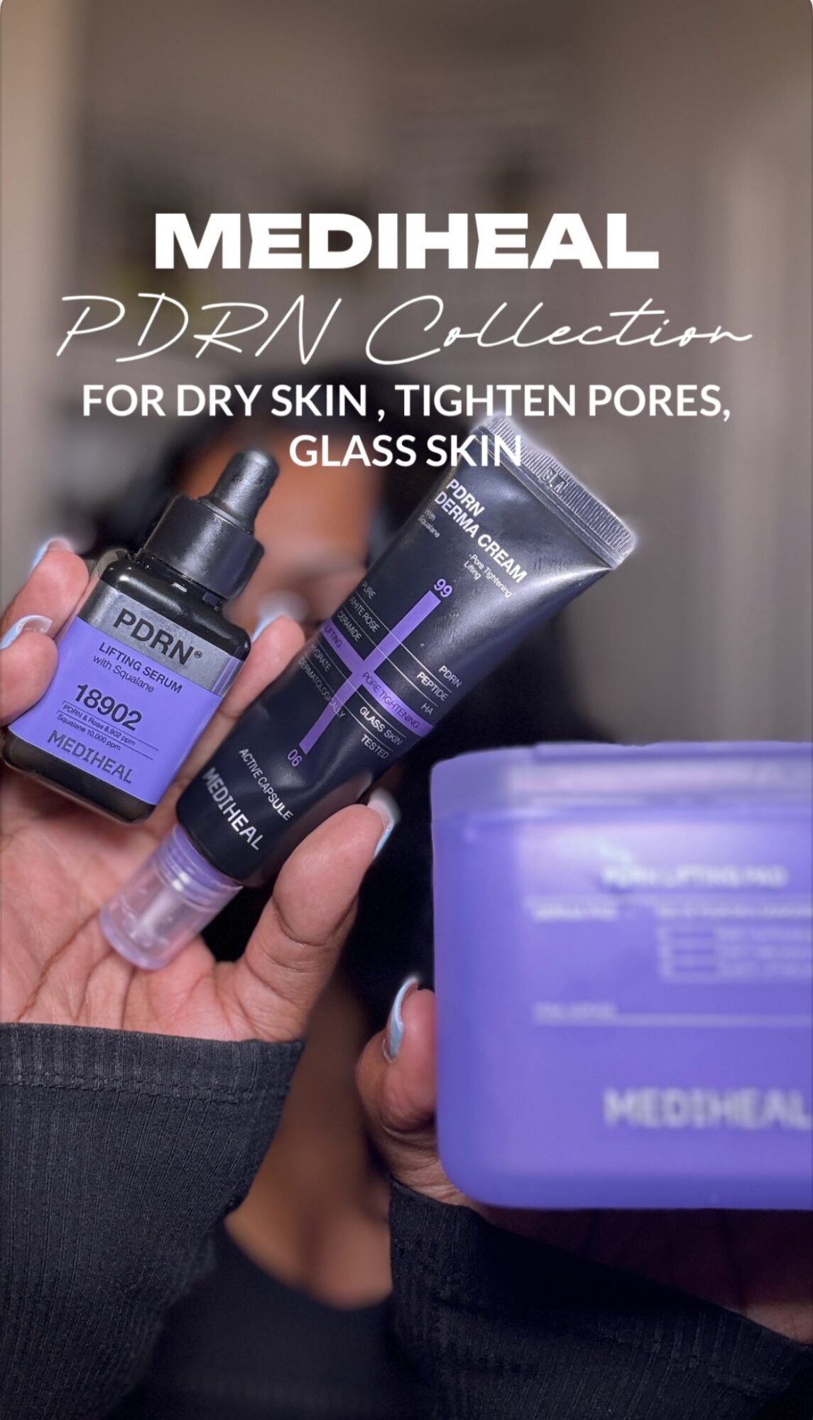Hand holding skincare products with a purple box in the background, text on products and box visible.