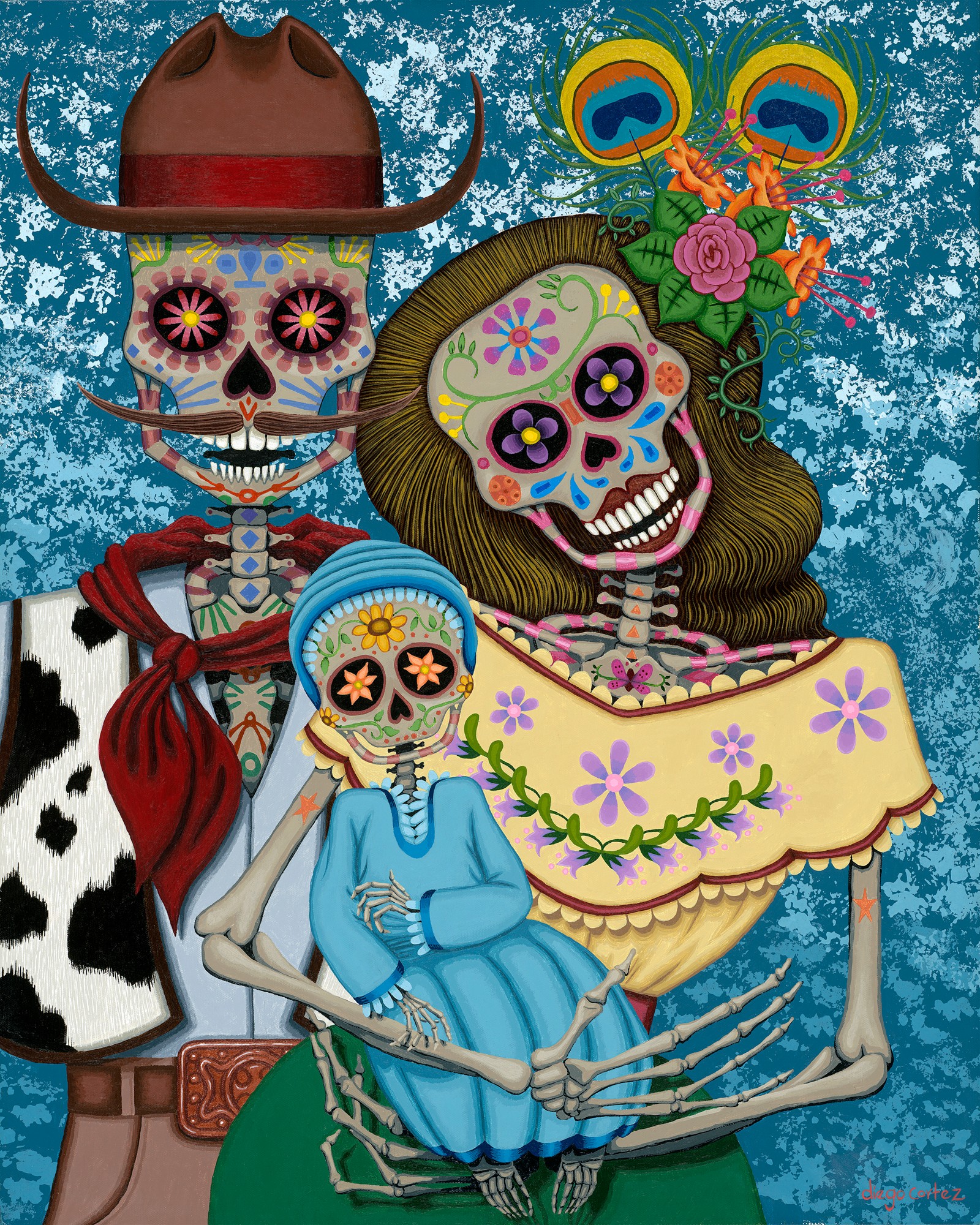 Colorful illustration of skeletons and a woman with floral skull face paint, wearing traditional Mexican attire, against a blue background.
