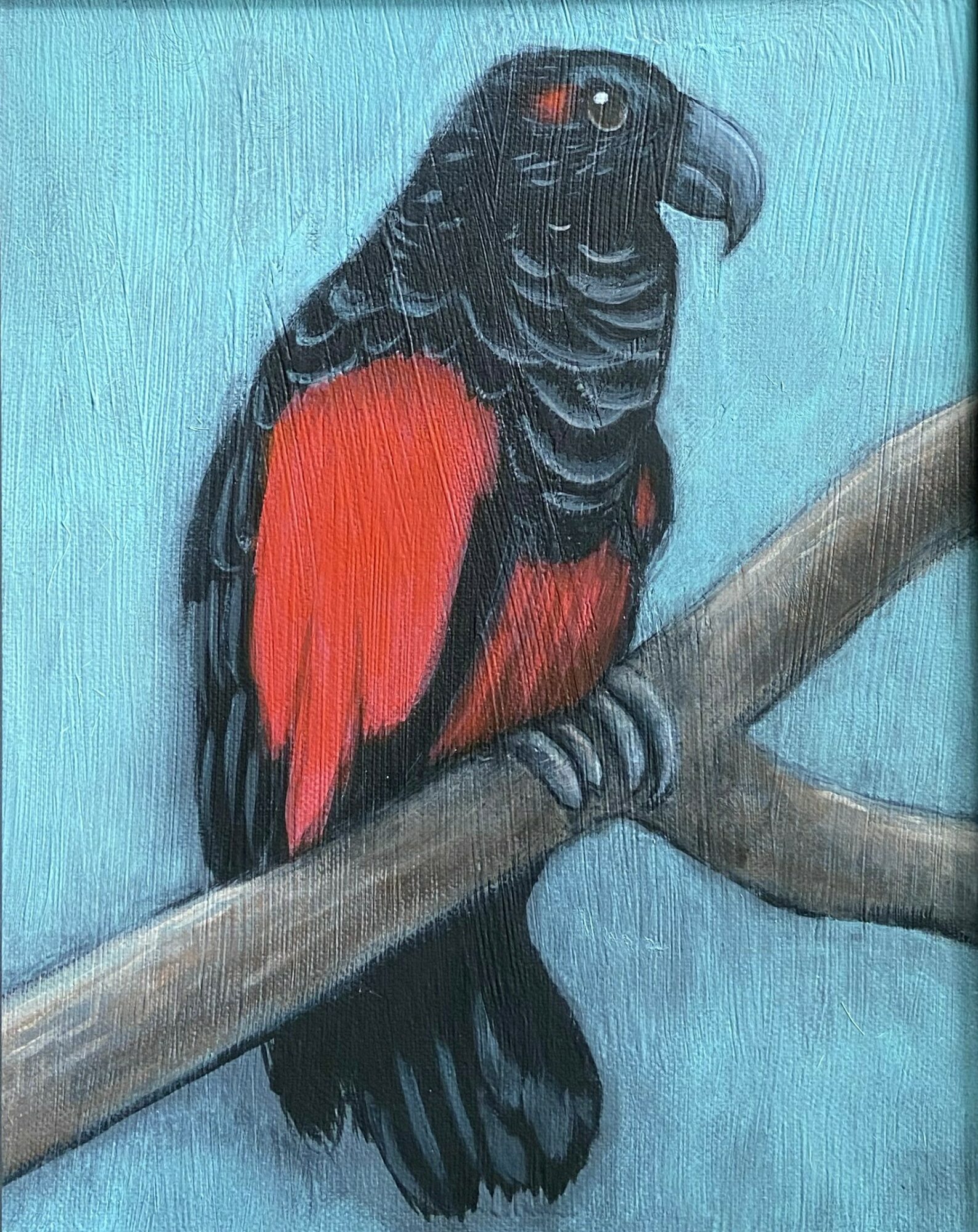 Painting of a black and red bird perched on a branch against a blue background.
