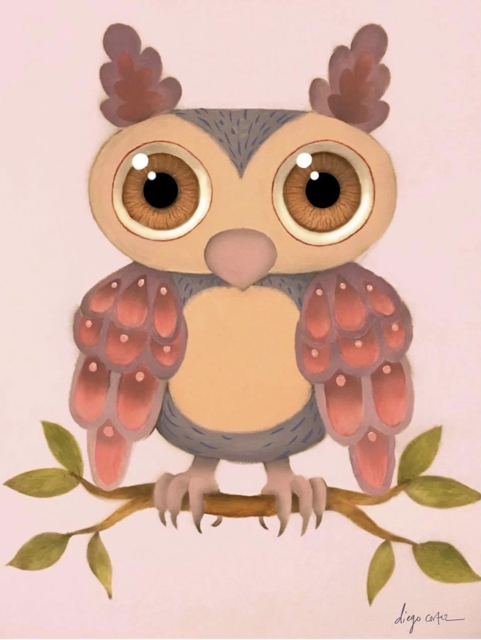 Cartoon owl with large eyes, pink and brown feathers, perched on a branch with green leaves, against a light pink background.