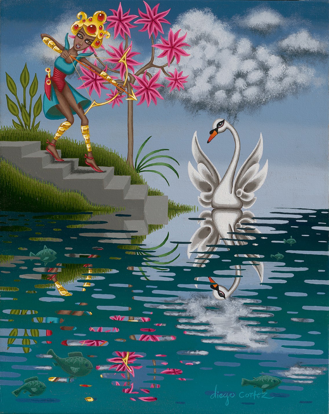 A colorful scene with a person in traditional attire, a swan, and pink flowers near water, with clouds in the sky.