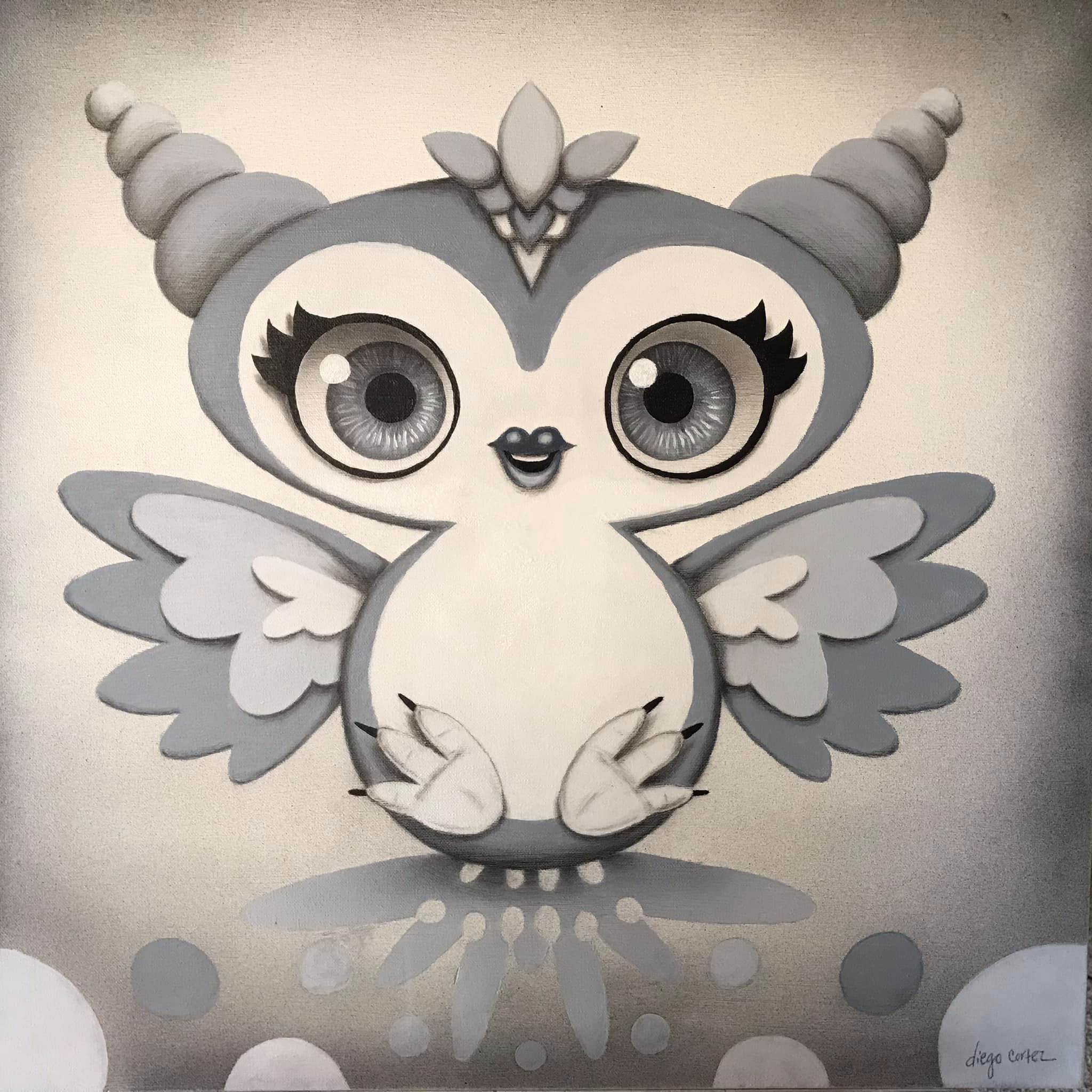Cartoon owl with large eyes, wings, and a crown-like headpiece, standing on a reflective surface.