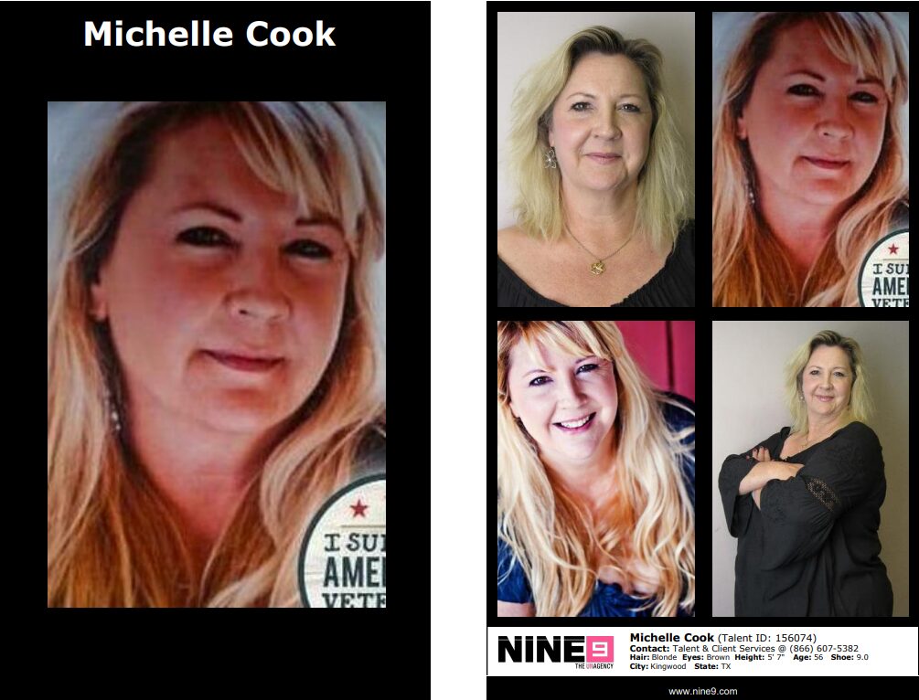 Collage of five photos of a woman with blonde hair, smiling and posing in different outfits and backgrounds.