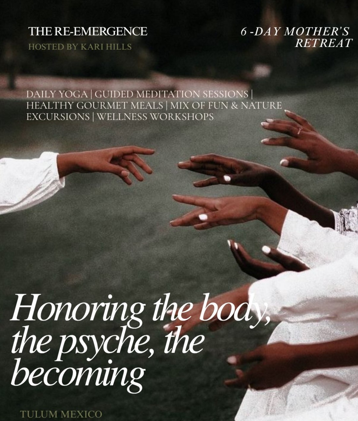 Multiple hands reaching towards each other, with text about a mother's retreat and wellness activities, on a dark background.