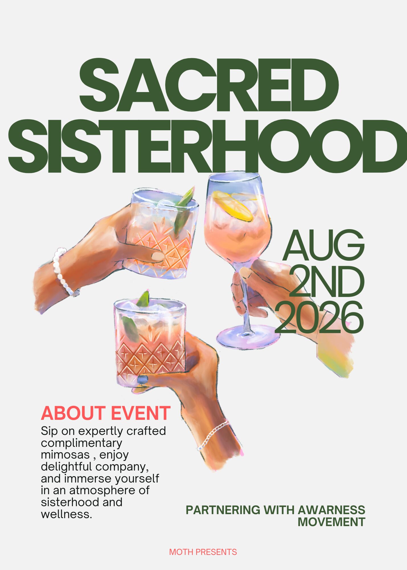 Three hands holding colorful drinks with lemon and mint, event details for Sacred Sisterhood on August 2, 2026, in green and red text.