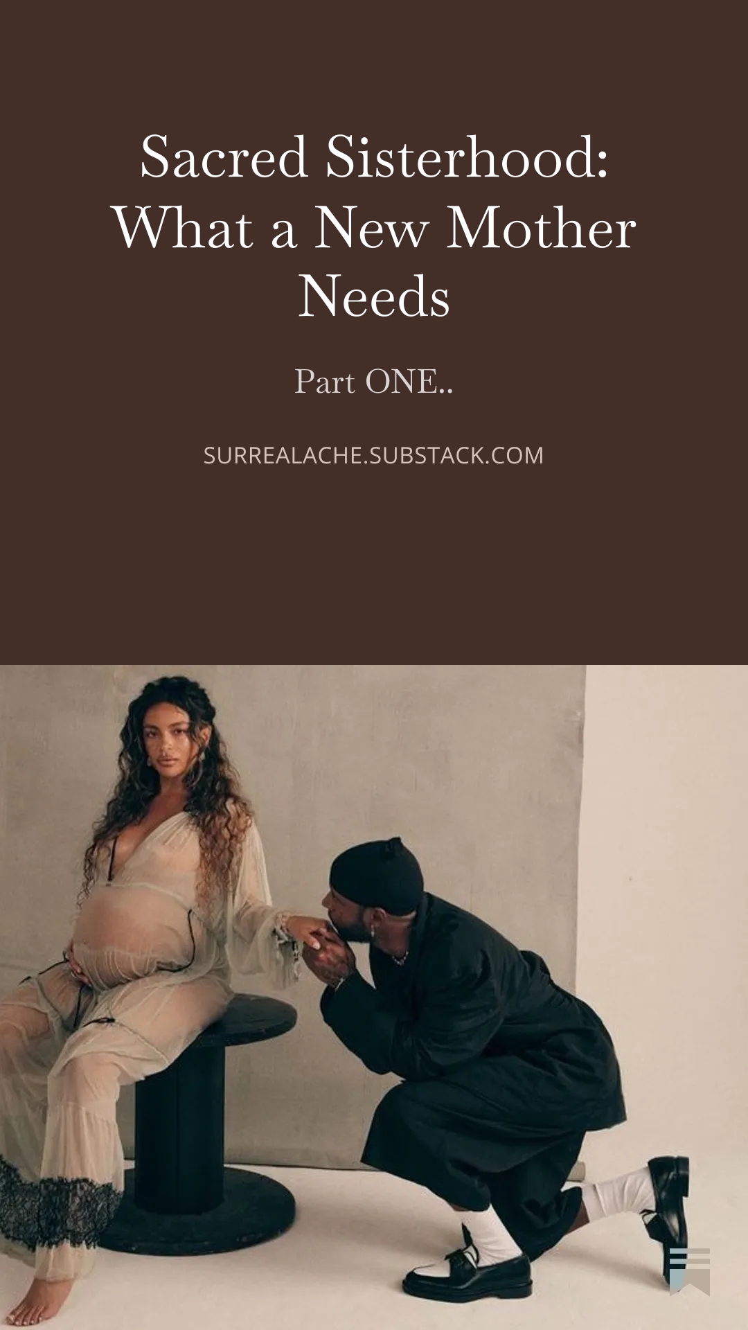 Text on a brown background with a pregnant woman and a man sitting on the floor, reading a book.
