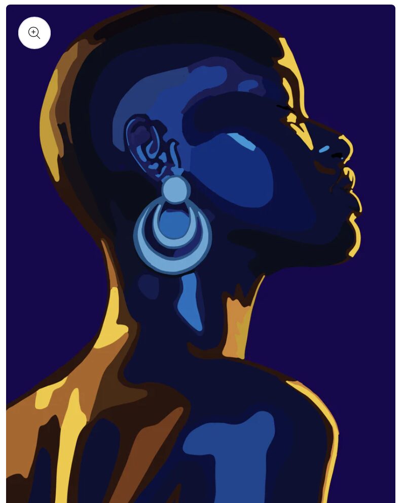 Profile of a woman with short hair and large earrings against a dark background.