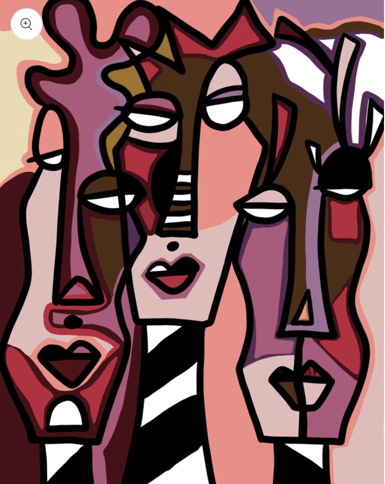 Abstract illustration of multiple faces with exaggerated features and bold colors, overlapping and intertwined.