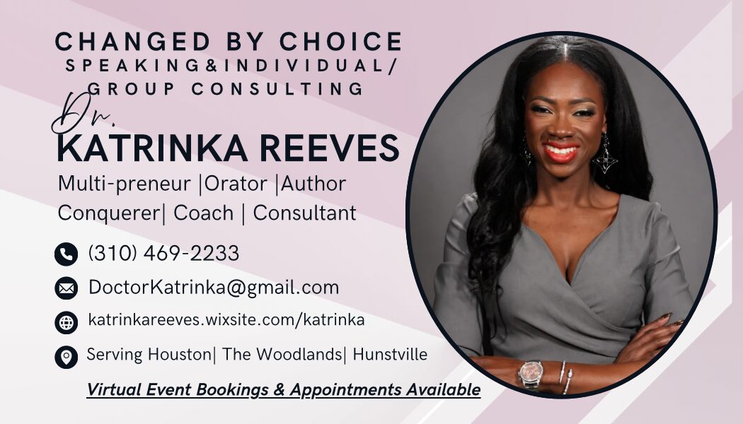 Business card featuring Katrinka Reeves, smiling woman with dark hair, gray blazer, contact info, and professional titles.