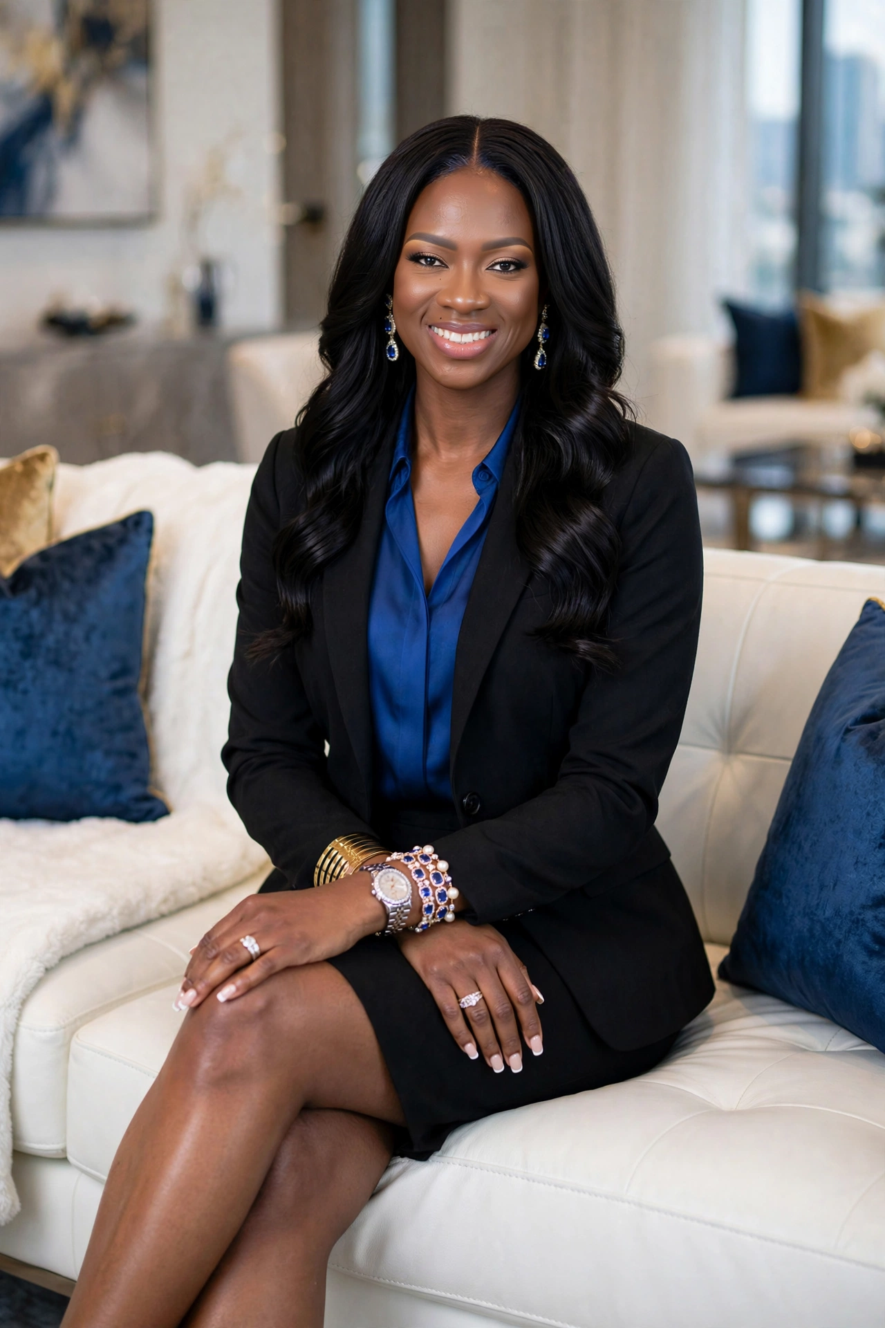 Woman with long black hair, wearing a blue blouse and black blazer, sitting on a cream sofa with blue pillows in a bright room.
