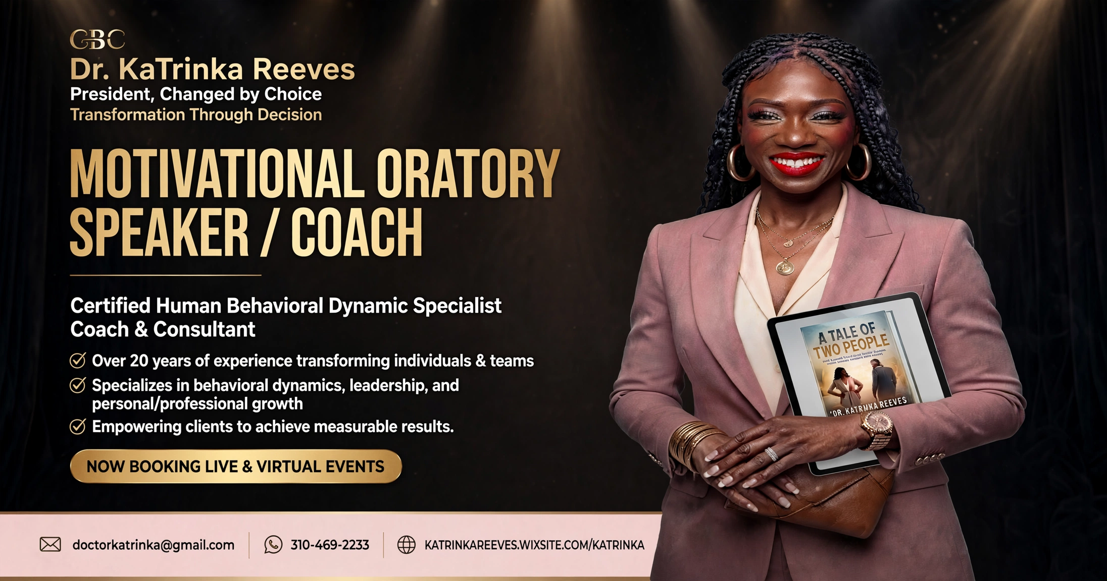 Woman holding a book, smiling, standing in front of a black background with motivational speaker information, wearing a pink blazer.
