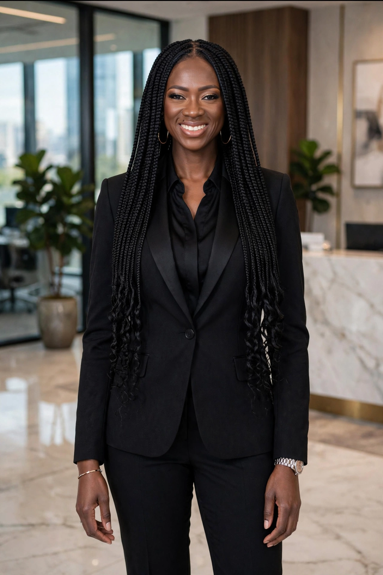 Smiling woman in black suit standing in modern office lobby with plants and marble decor.