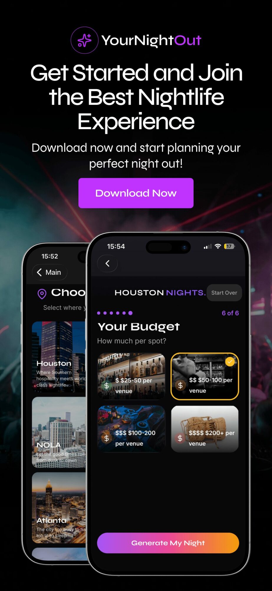 Smartphone screen showing nightlife app with city images and a 'Generate My Night' button, dark background, colorful accents.