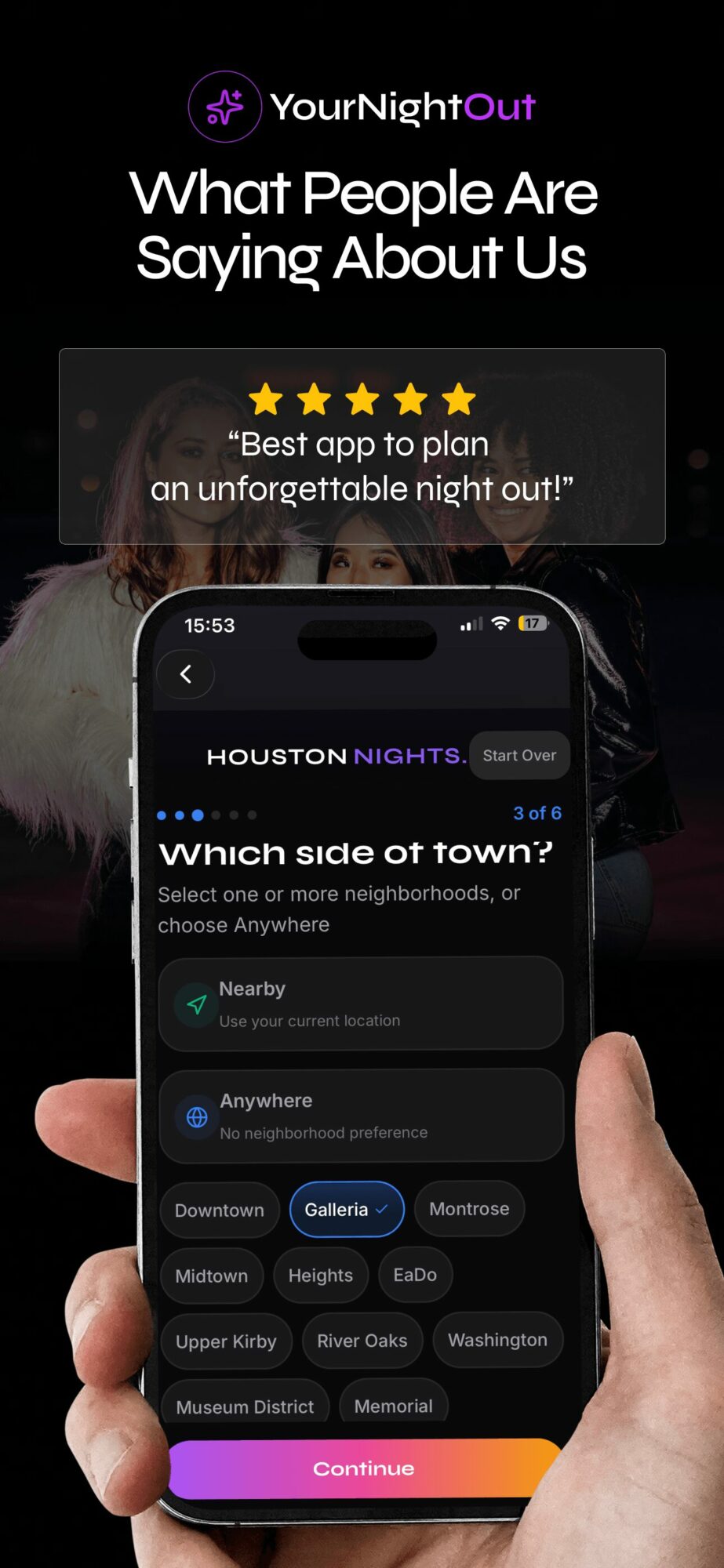 Mobile app screen showing a survey about people's opinions on a night out, with a purple continue button at the bottom.