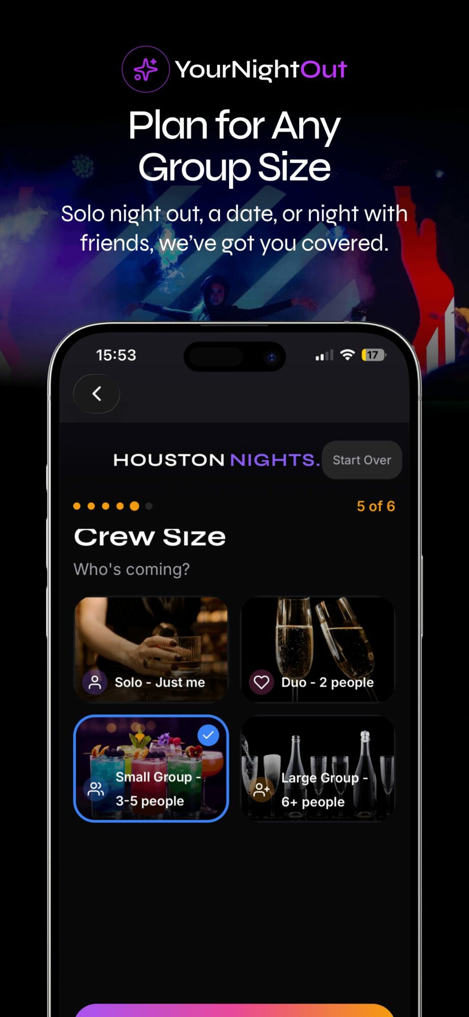 Mobile app screen showing group size options for Houston nightlife, with images of people and drinks, and a dark background.