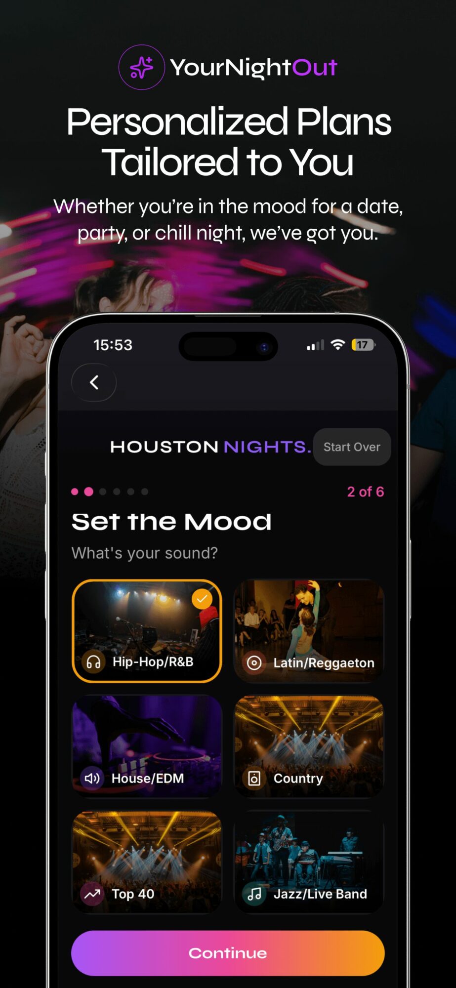 Smartphone screen displays music playlist with colorful album covers and a purple continue button at the bottom.