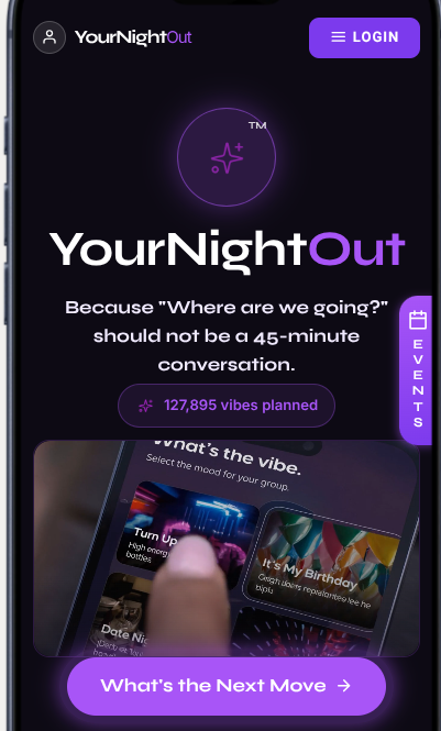 Mobile app screen showing YourNightOut logo, login button, event planning, and a colorful interface with a purple theme.