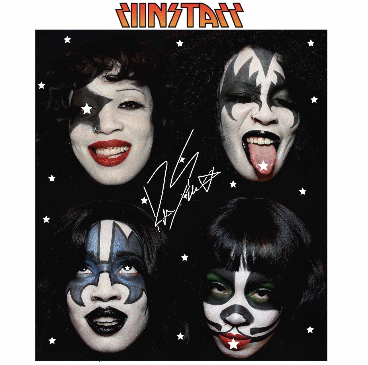 Four people with face paint and makeup, smiling and sticking out tongues, surrounded by stars on a black background.