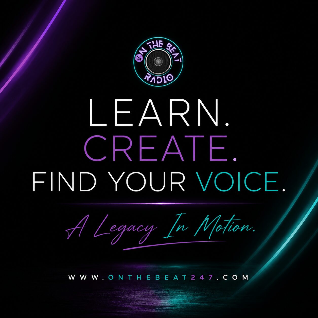 Radio station logo with text: Learn, Create, Find Your Voice, and a website link.