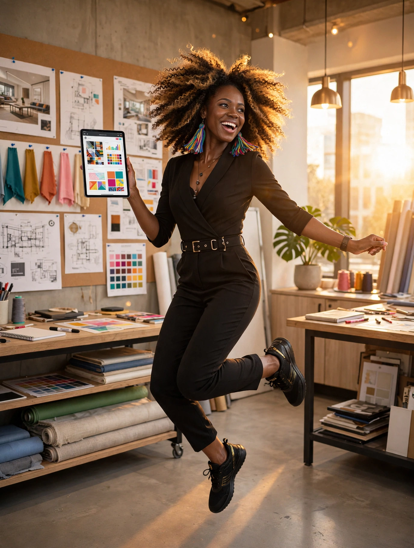 Woman with curly hair smiling, holding a tablet, in a creative workspace with design sketches and fabric samples.