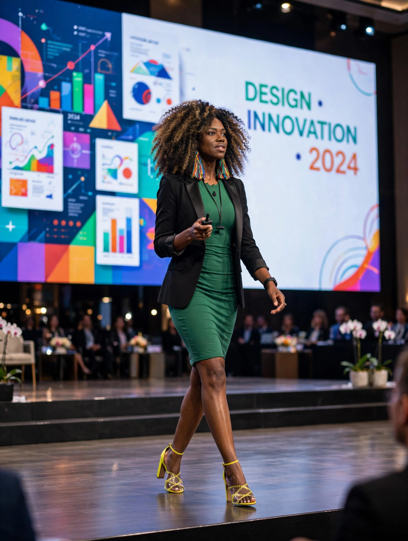 Woman in green dress and blazer walking on stage with large screen displaying charts and 'Design Innovation 2024' behind her.