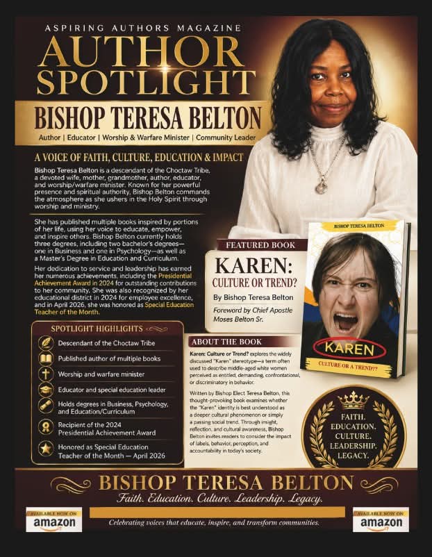 Magazine cover featuring Bishop Teresa Belton with text about her achievements, a featured book by Karen, and logos of Amazon and other organizations.