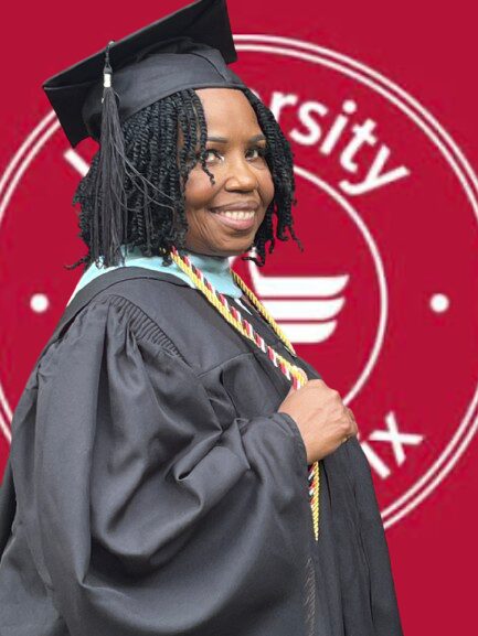 Woman in graduation cap and gown smiling, holding a diploma, with a university logo in the background.