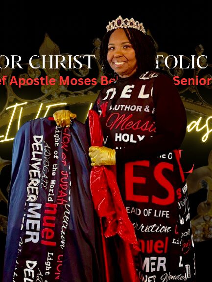 Woman wearing a crown and holding a red cloth, smiling, with a black background and illuminated text behind her.