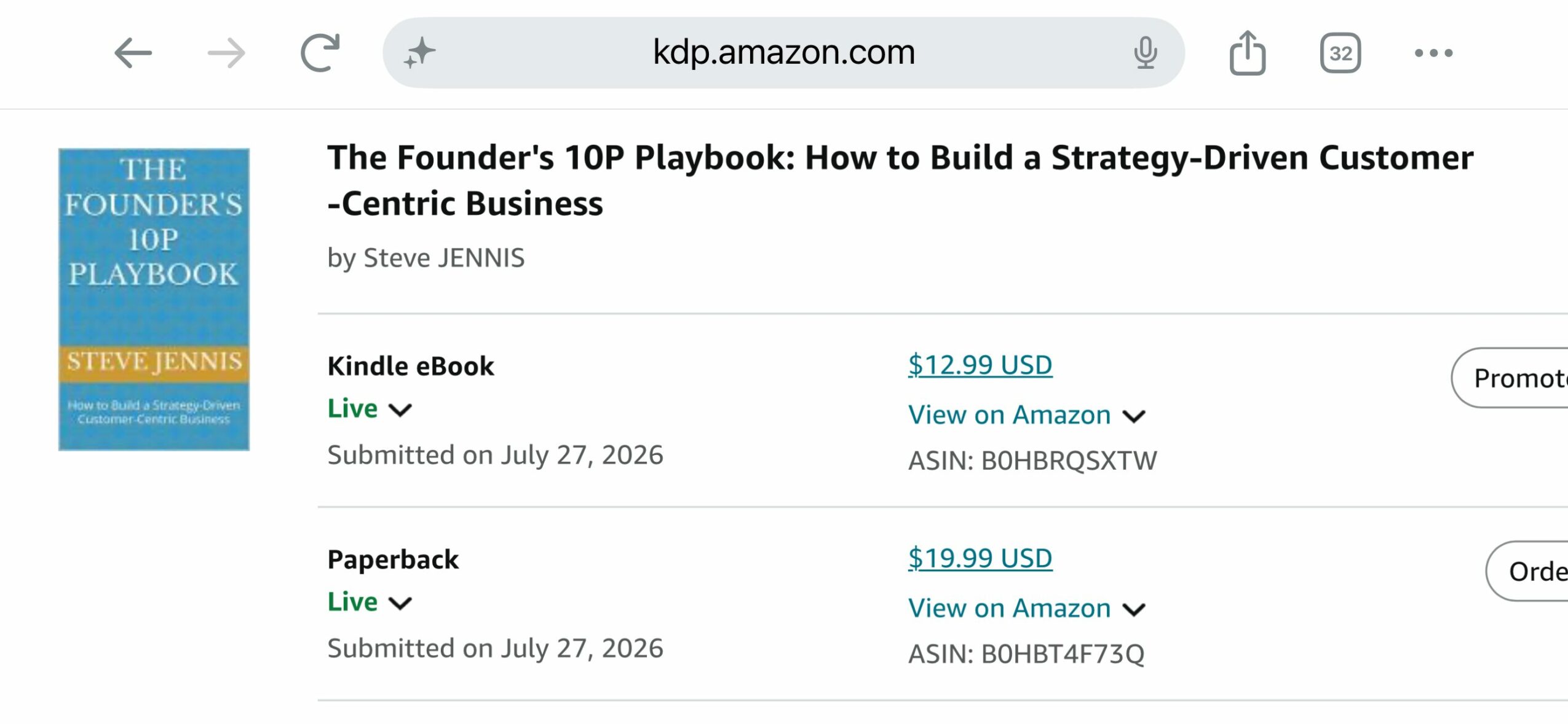 Screenshot of an Amazon product page for a book and a paperback, showing prices and submission dates.