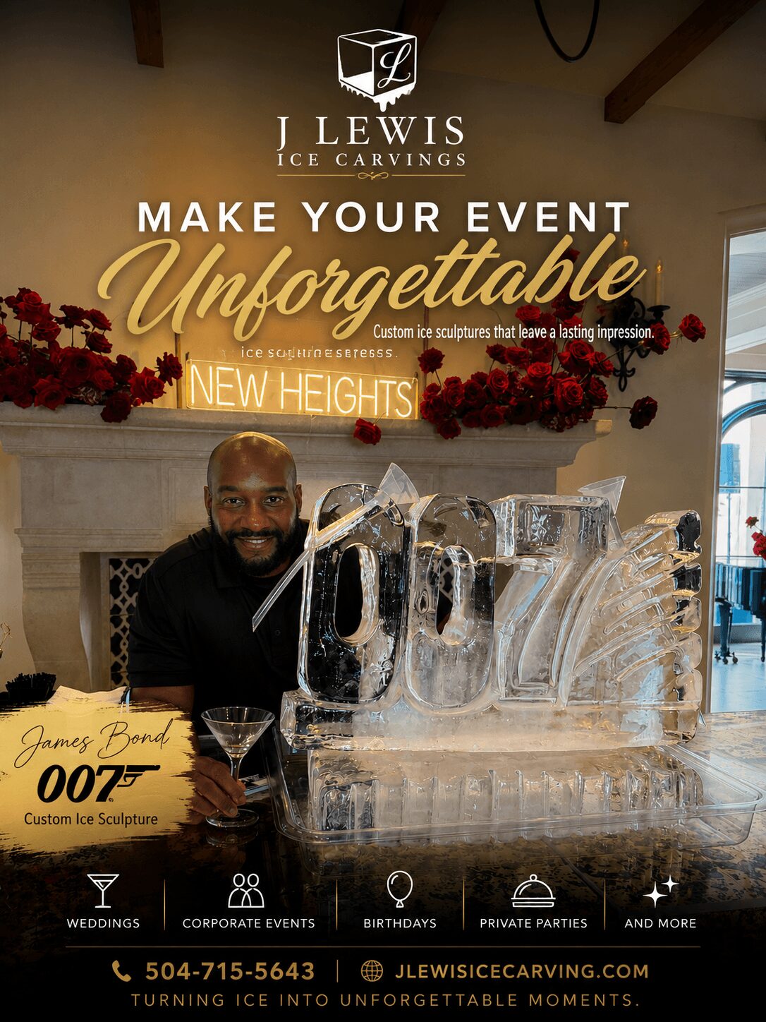 Man with a beard behind an ice sculpture at an event, decorated with red flowers and a fireplace in the background.