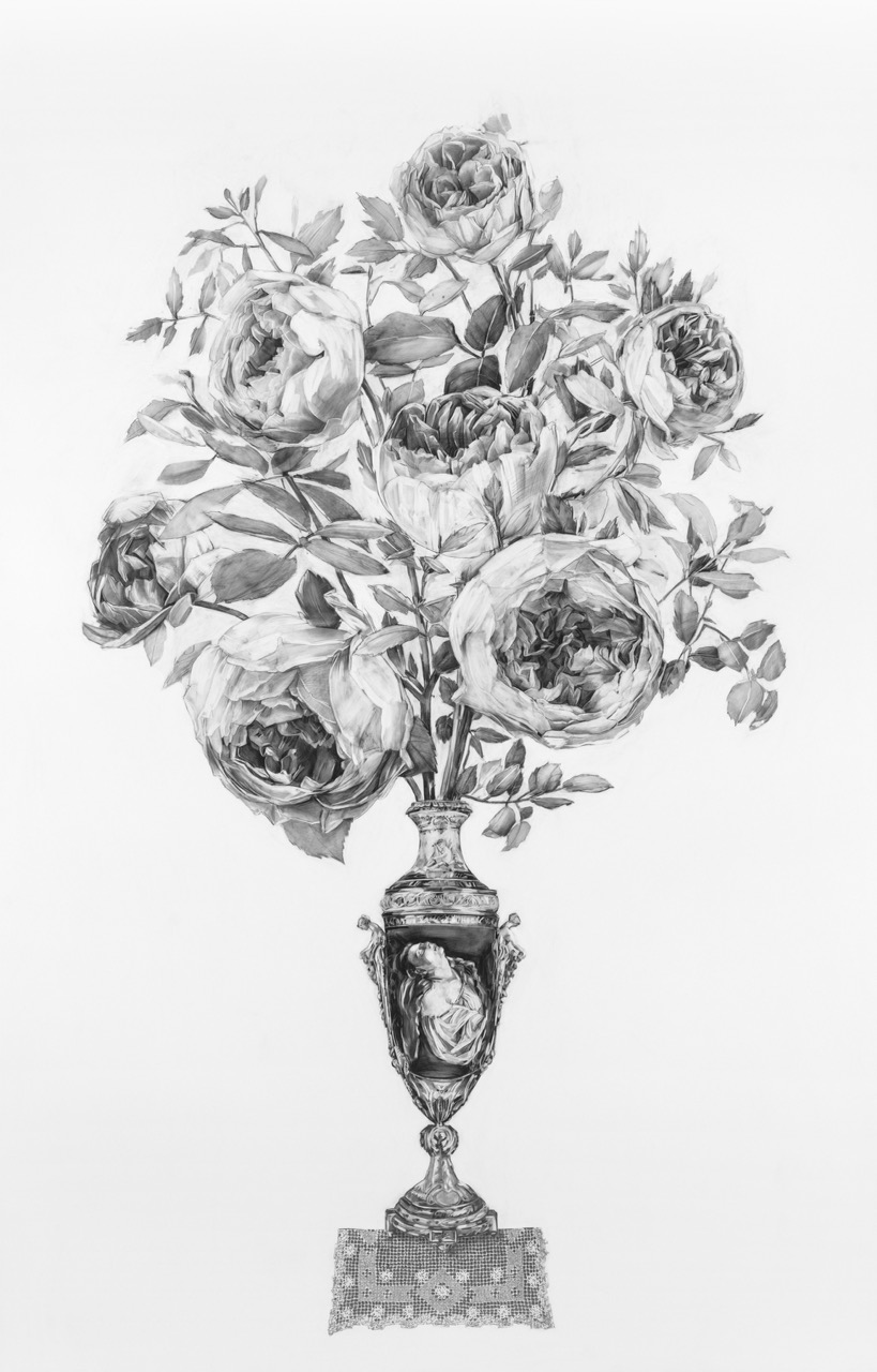 A detailed black and white drawing of a bouquet of roses in a decorative vase on a pedestal.