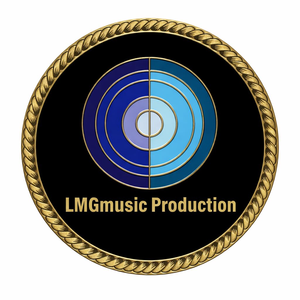 Circular logo with concentric circles and a gold rope border, featuring the text 'LMGmusic Production' at the bottom.